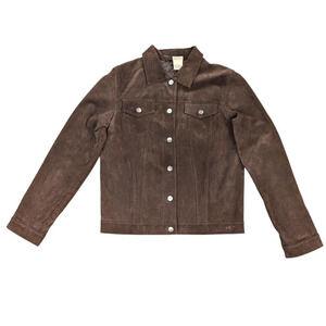 O'Neill Suede Jacket Womens Large Brown Trucker Coat Zip Detail Back Lined Snaps